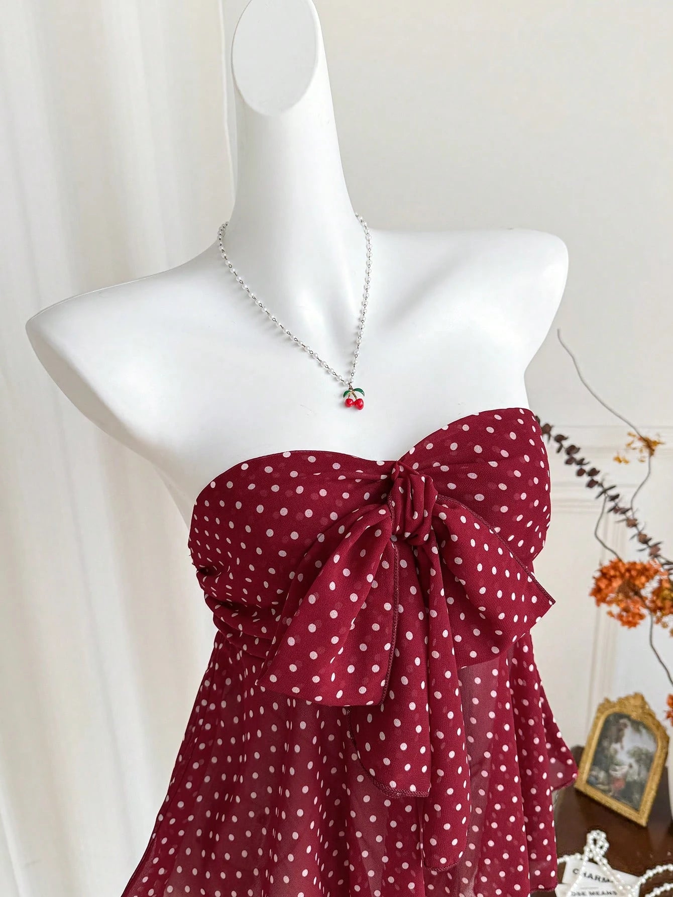 strapless polka dot bow front chiffon top-5