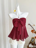 strapless polka dot bow front chiffon top
