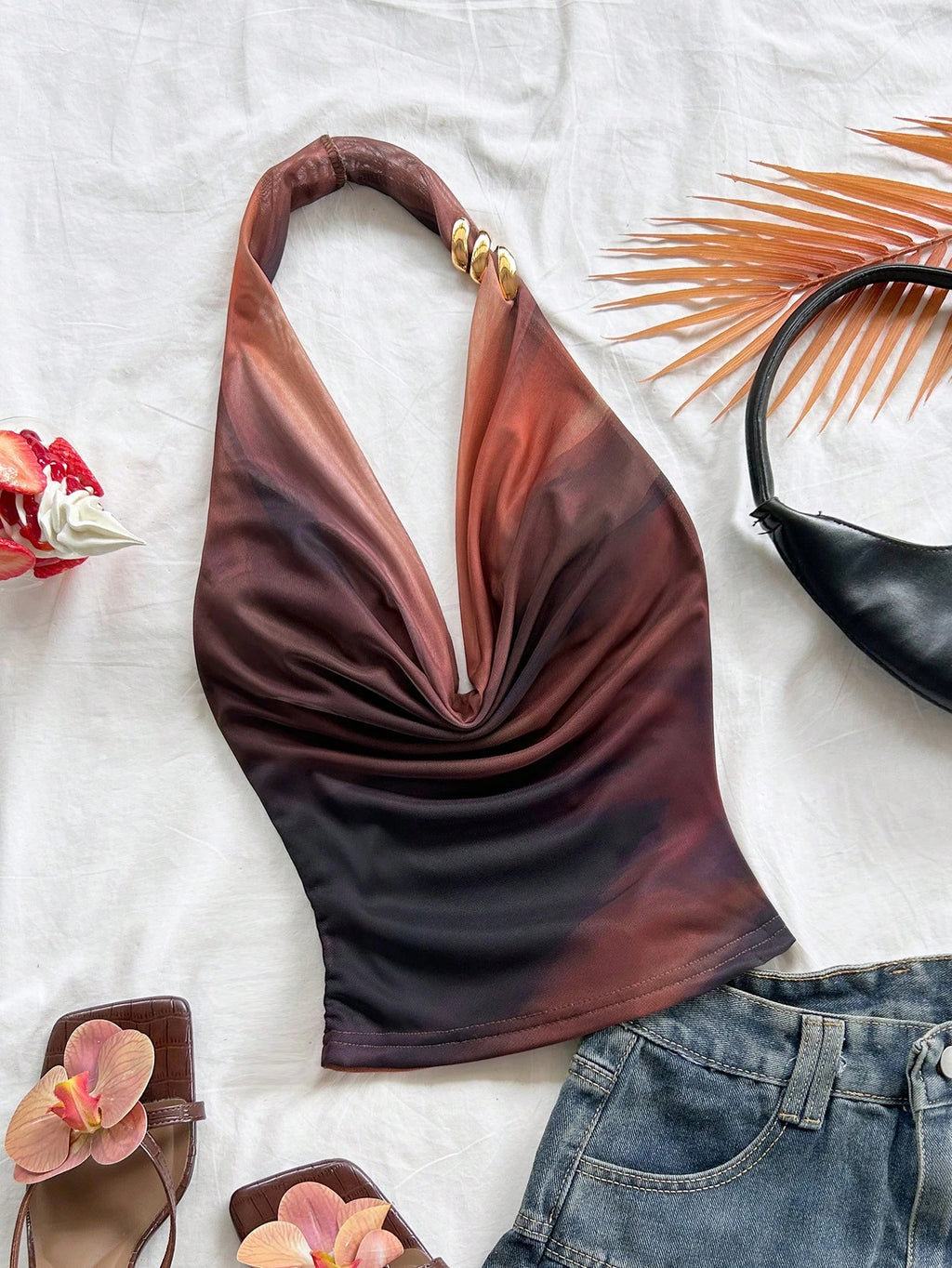 womens halter satin top gradient draped neck sleeveless sexy summer top