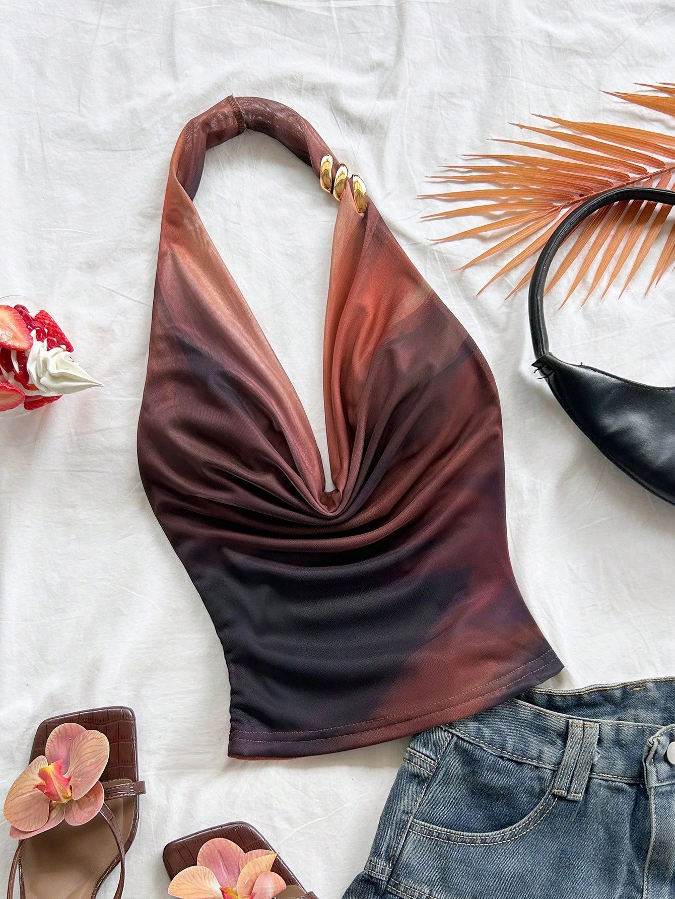 womens halter satin top gradient draped neck sleeveless sexy summer top